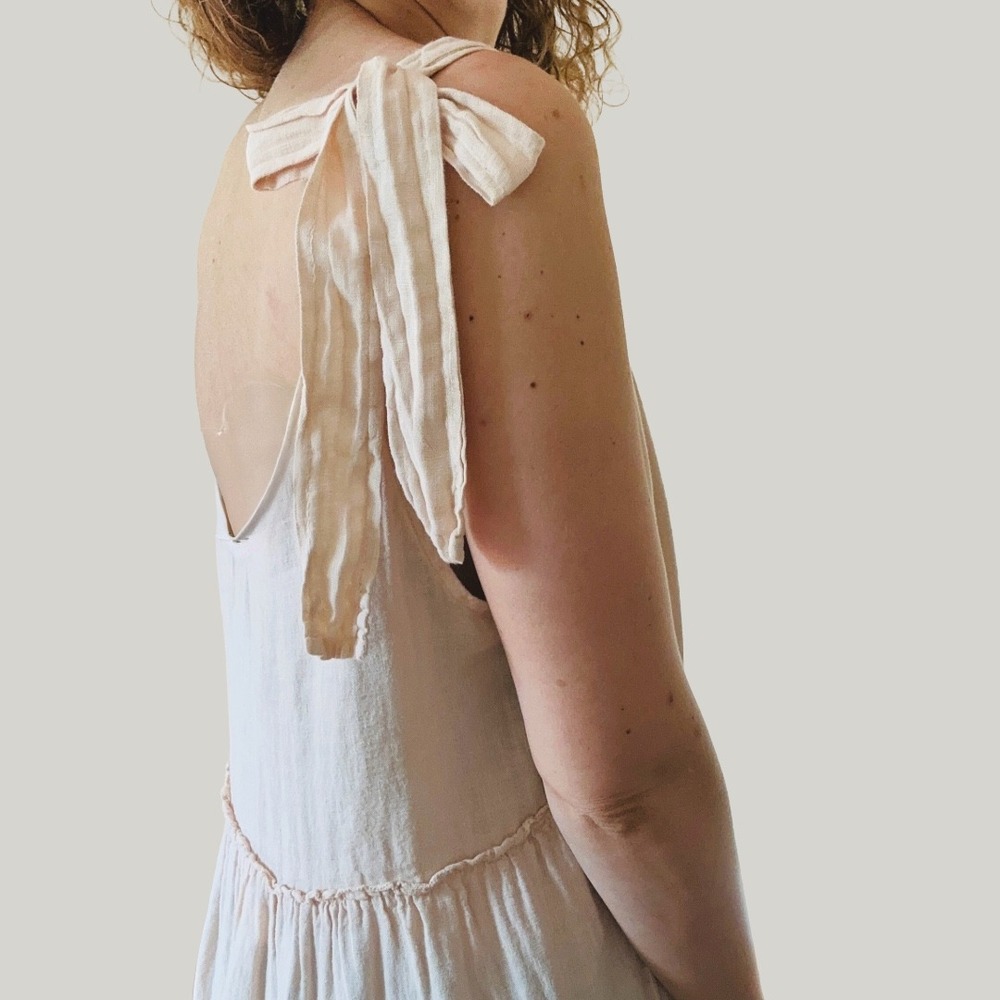 Beachwood Pink 100% Linen Tiered Tie Shoulder Midi Dress Made in Italy One Size - Picture 4 of 9